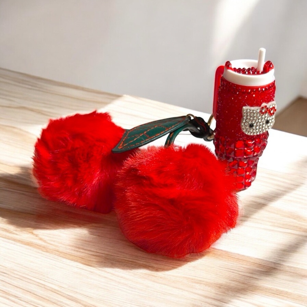 Handcrafted Hello Kitty Mini Tumbler with large Fluffy Cherry Keychain